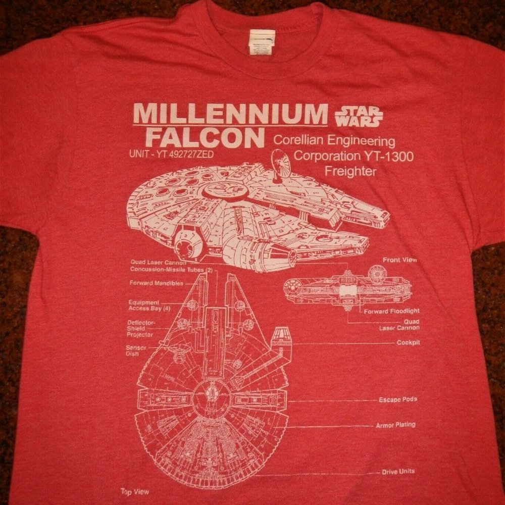 Stars Wars Men's T Shirt, Millennium Falcon, Red L